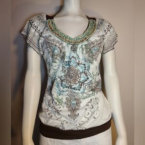 Women's short-sleeve tribal beaded embellished top